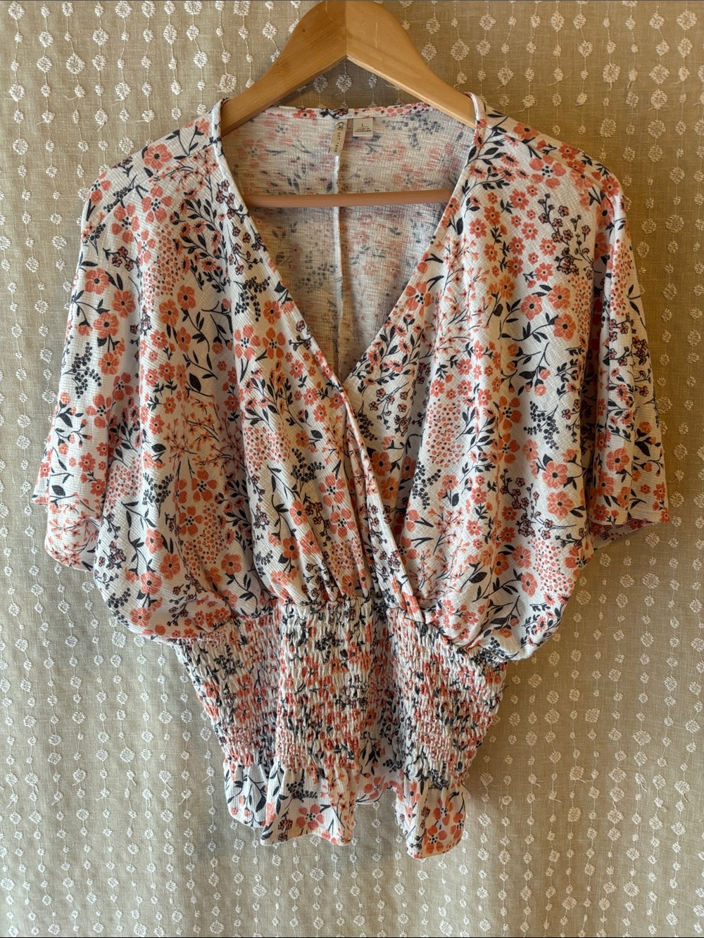 Cato Cream Blouse with Coral and Black Floral Print